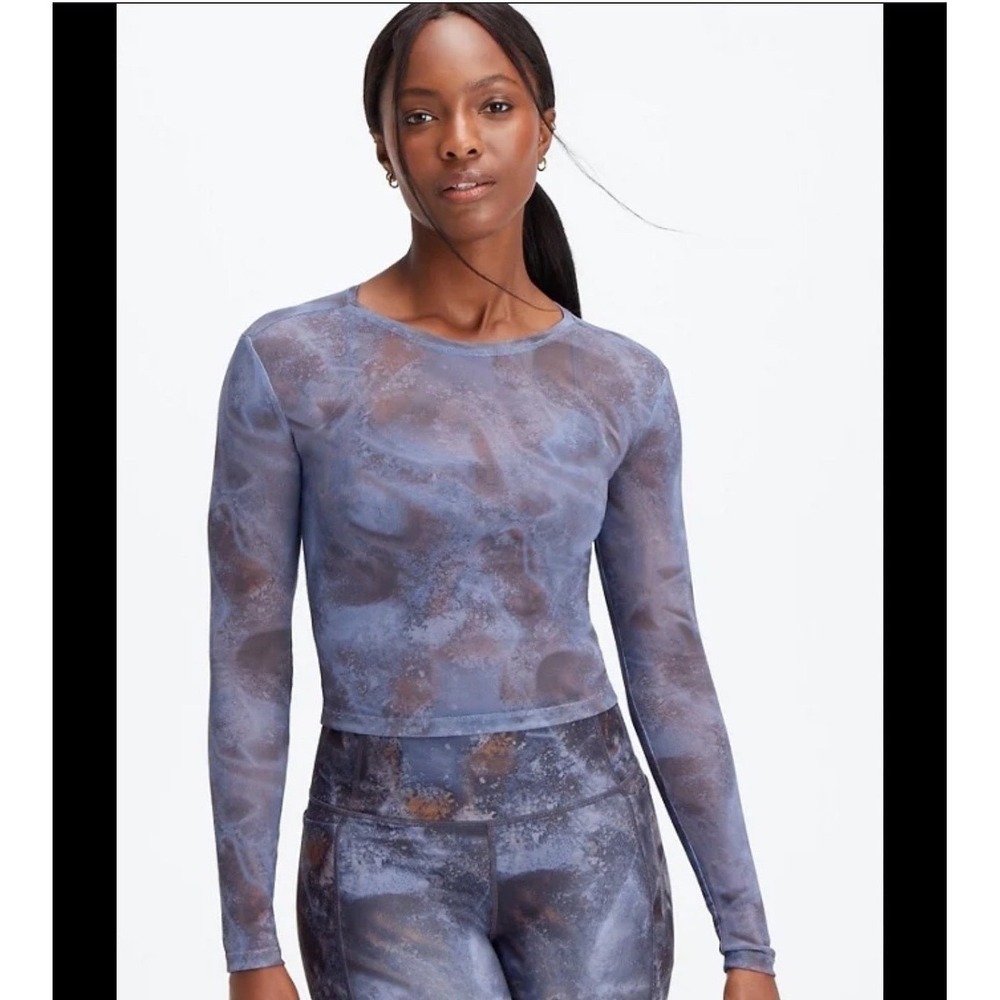 Fabletics Mesh Top Women S Blue Marble LS2252219 Long Sleeve Cropped Athletic
